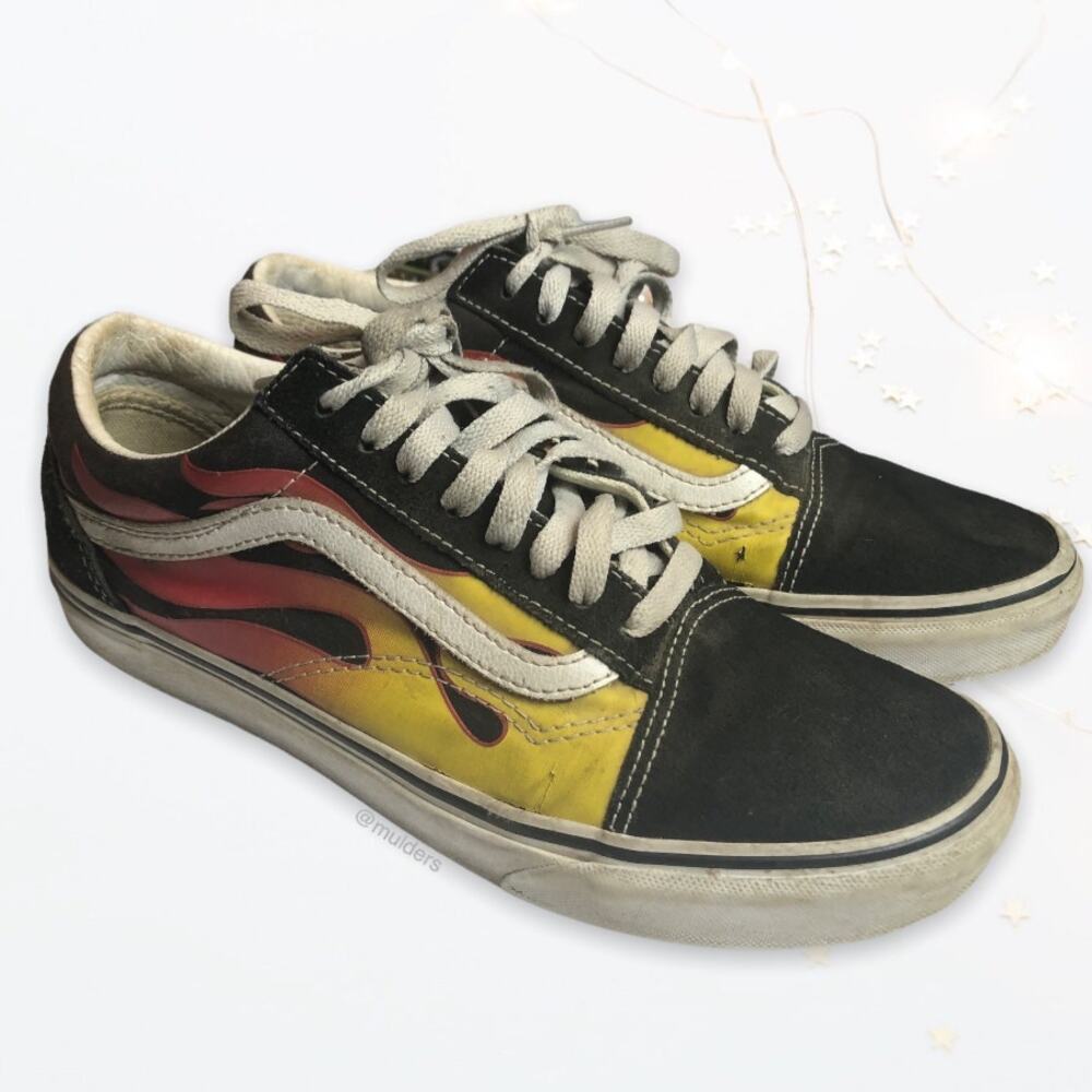 Vans Old Skool Black & Yellow Flames Fire Low Top Skate Sneakers Shoes